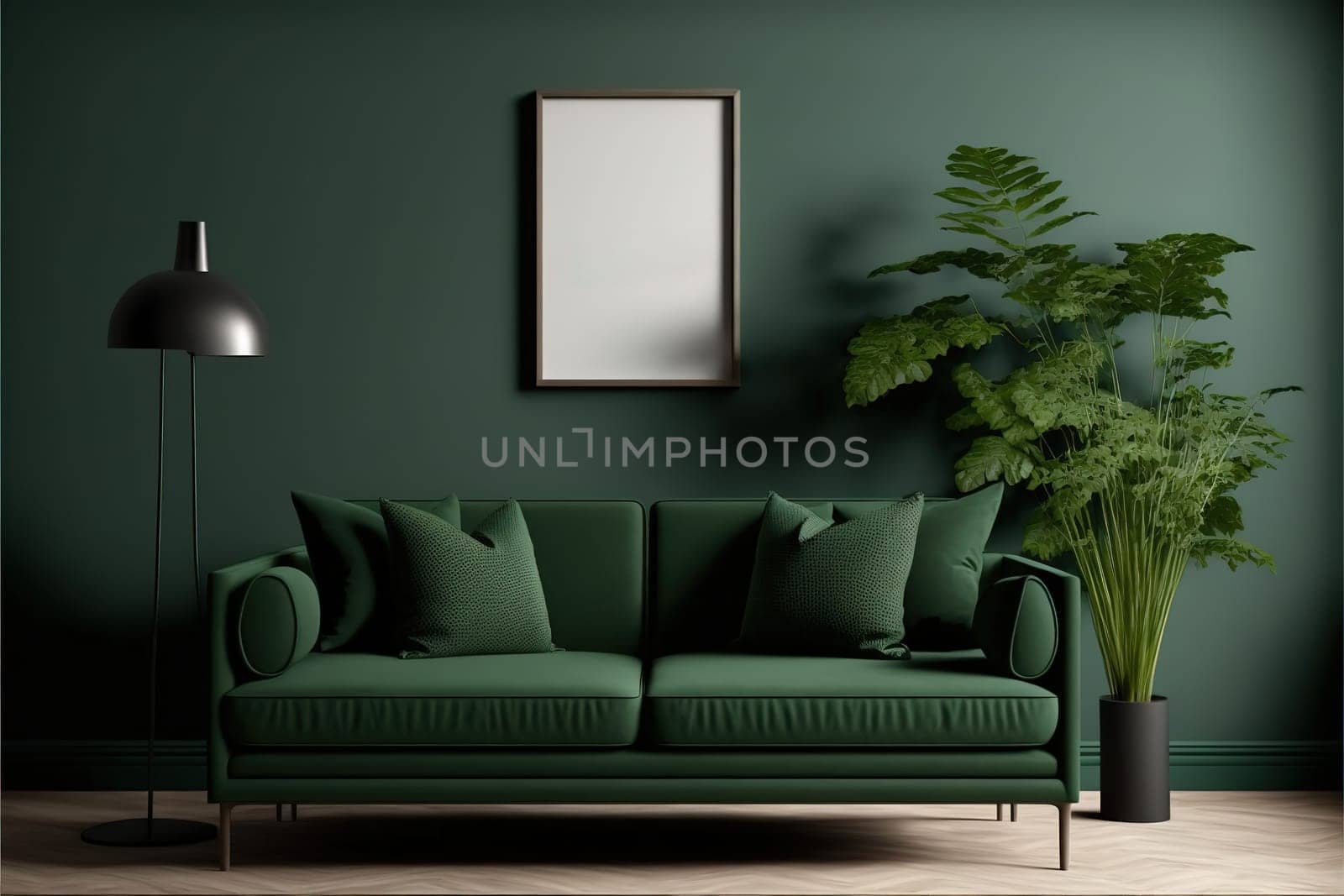 Wall mockup in dark tones with green sofa on green wall background.