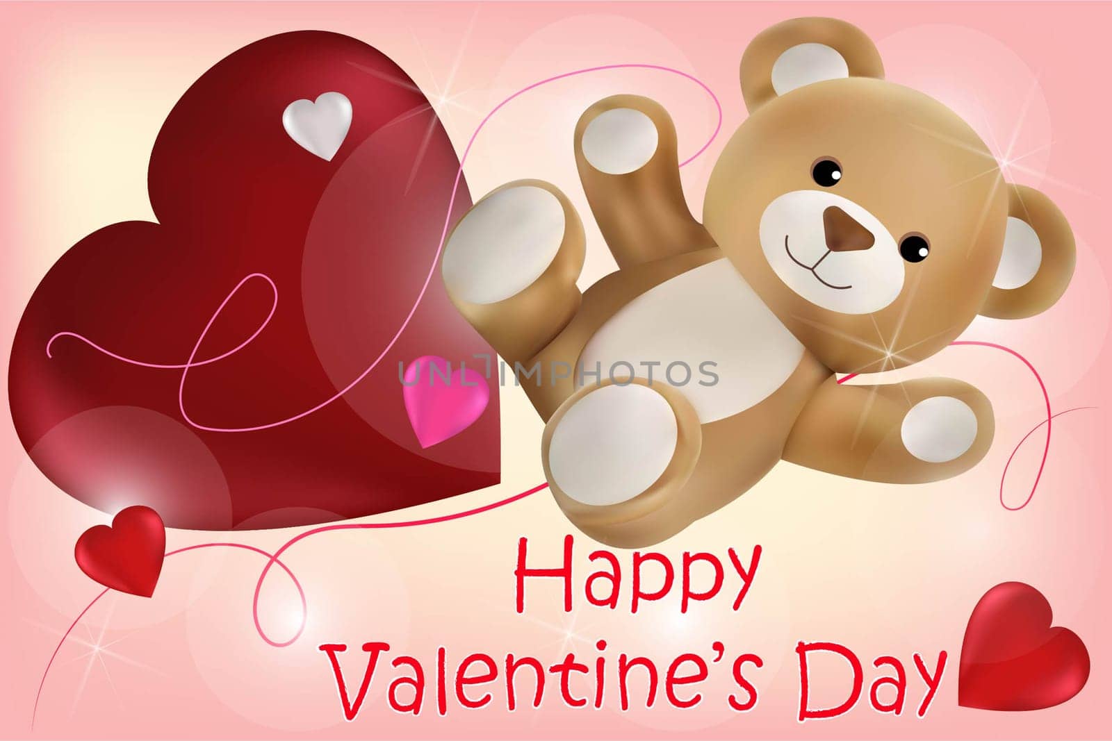 Teddy bear and a big heart on a pink background with the inscription Happy Valentine's Day. Vector image.