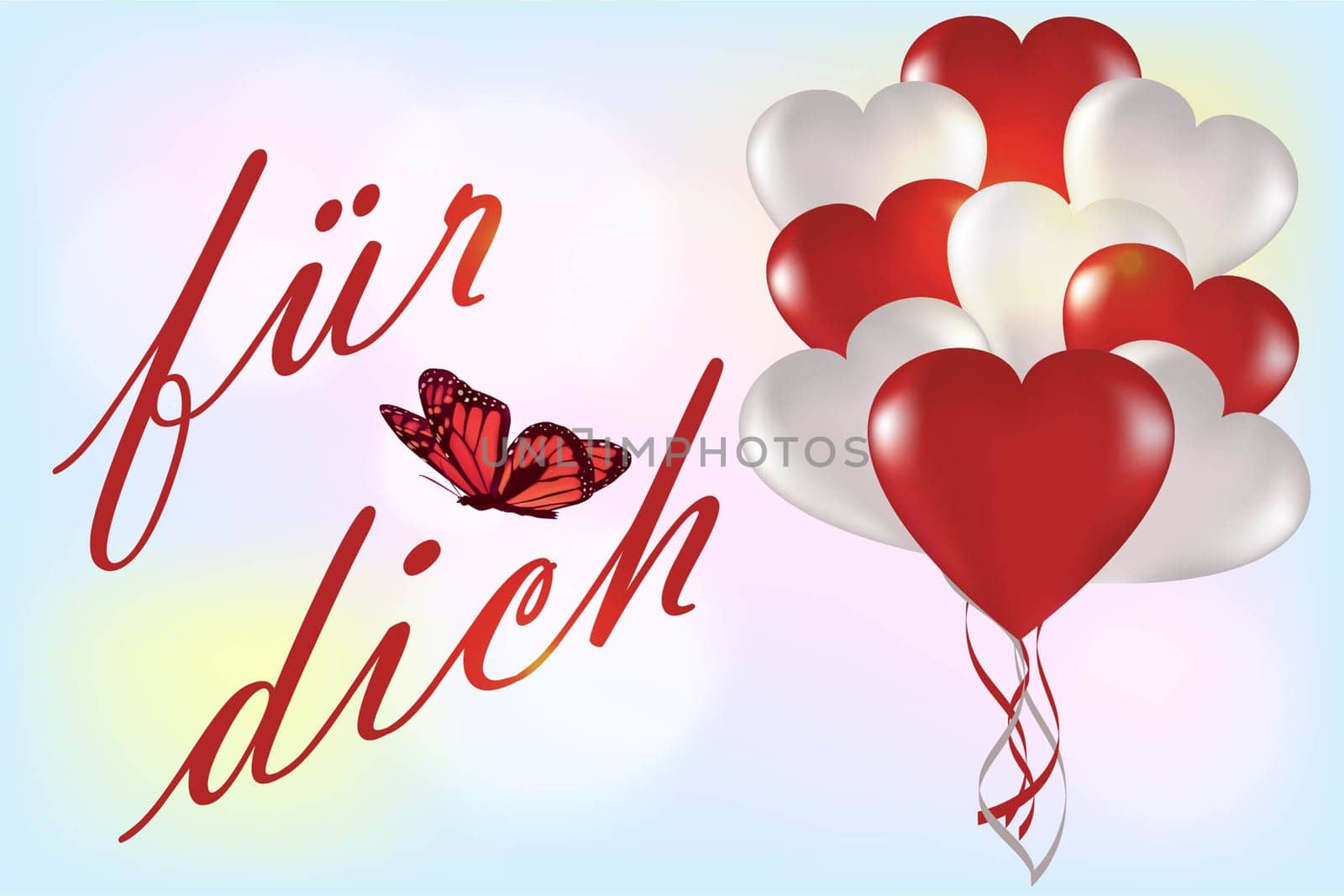 Balloons on a light background with an inscription in German. Universal holiday background. Vector image. Translation: For you