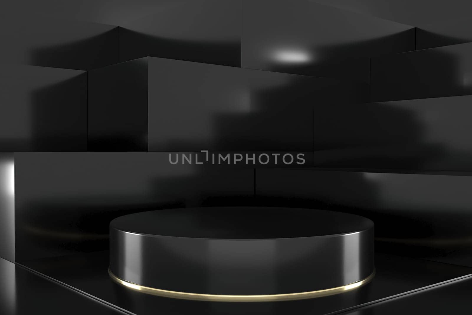 3d render of shop display. Abstract geometric podium background. Minimalist primitive shapes. Modern mockup. Blank template. Empty showcase.