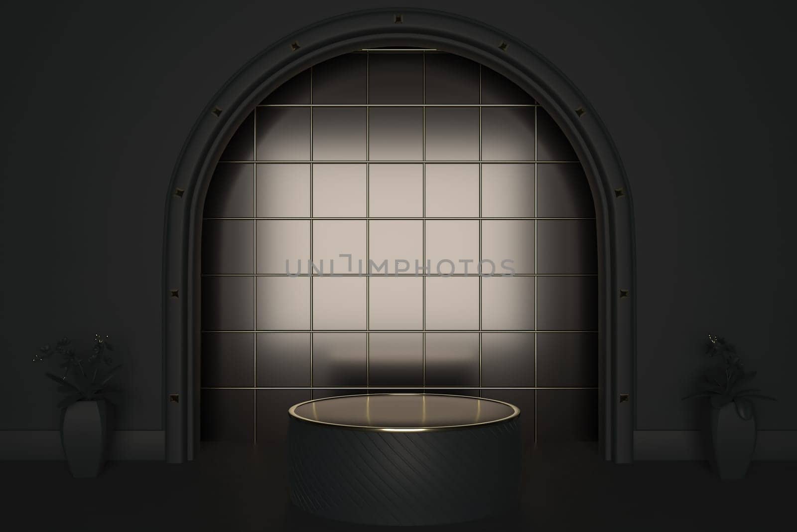 3d render of shop display. Abstract geometric podium background. Minimalist primitive shapes. Modern mockup. Blank template. Empty showcase.