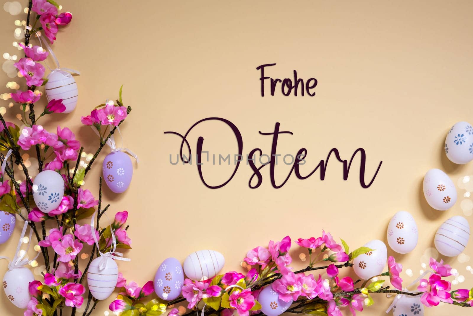 German Text Frohe Ostern Means Happy Easter On Beige Background. Pink And Purple, Shiny And Bright Spring Flower Arrangement With Easter Egg Decoration.