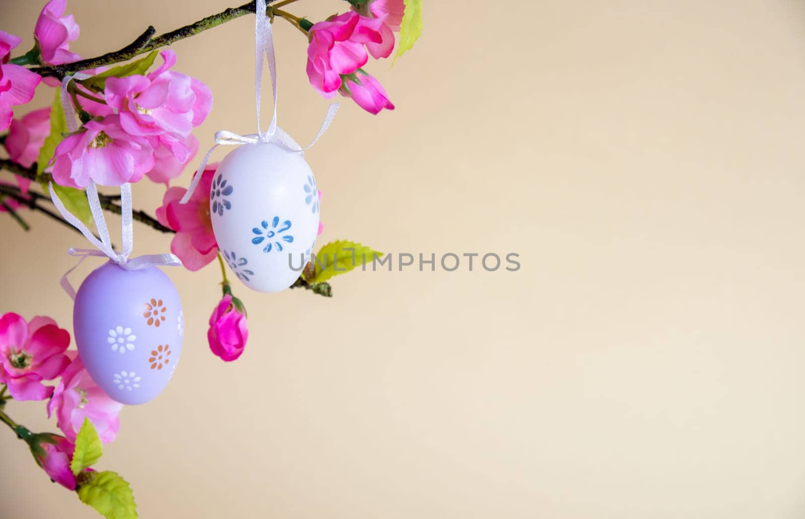 Beautiful Easter Egg Decoration With Spring Flowers. Copy Space For Free Text. Seasonal Easter Holiday Greeting Card.