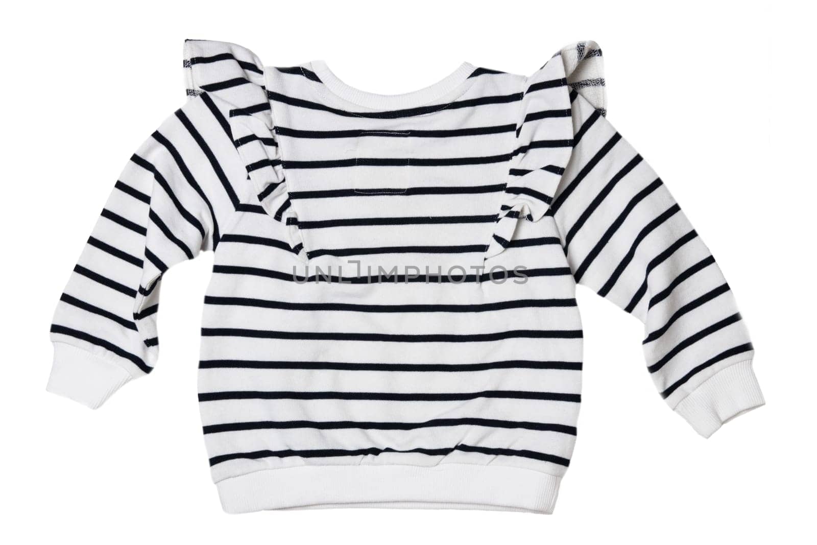 Spring and autumn children clothes. Close-up of a stylish beautiful black and white striped little girl sweater or pullover isolated on a white background. Back view.
