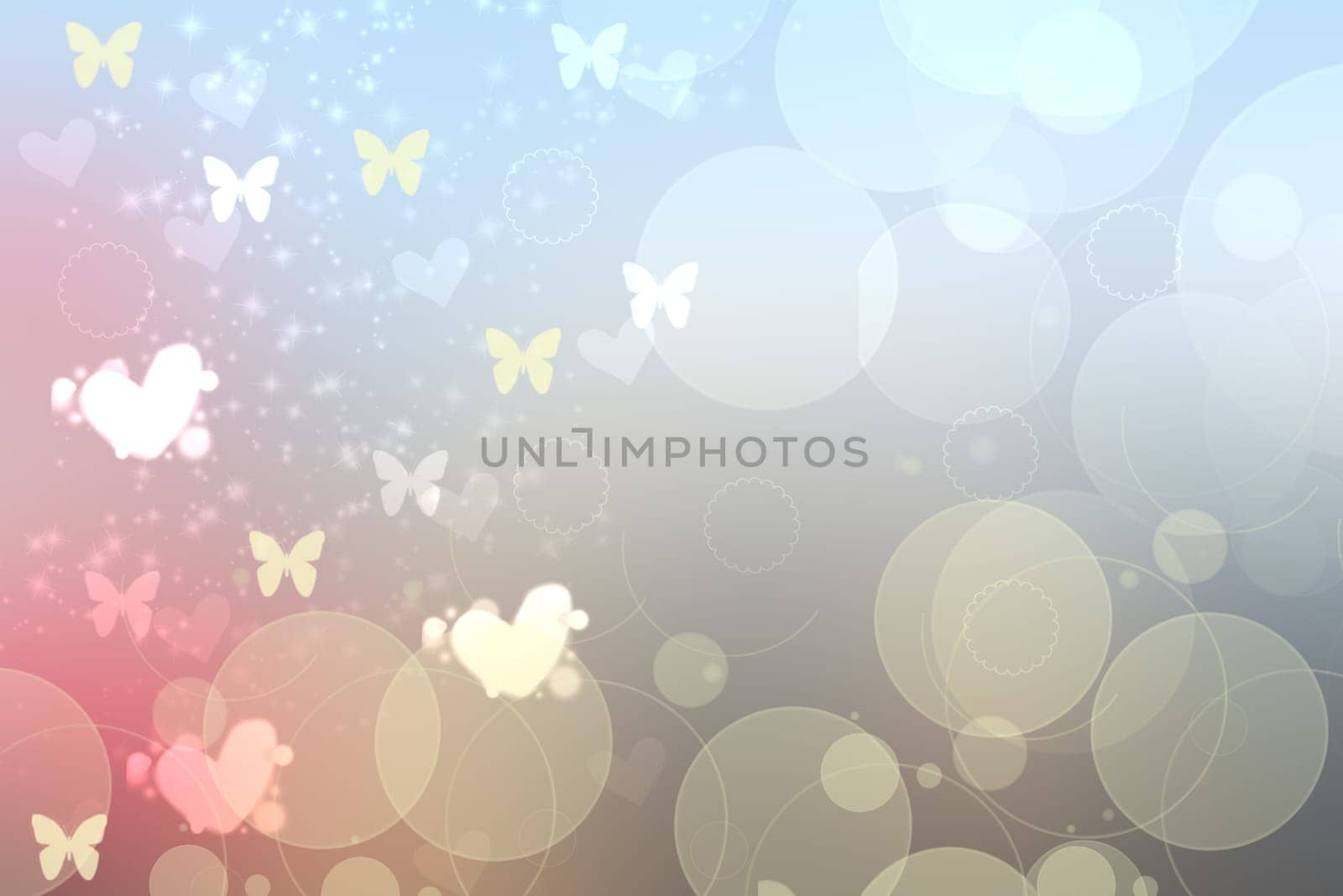 Abstract festive blur light pink pastel background with white pink hearts love bokeh and butterflies for wedding card or Valentine day.  Romantic textured backdrop with space for your design. Card concept.