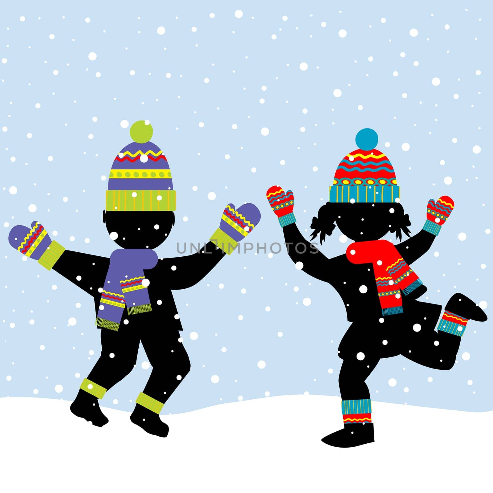 Girl and boy playing in winter cold weather clothing with colored scarfs, caps and mittens