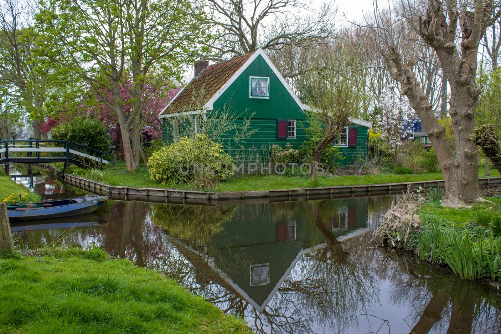 Traditional Houses in the Historic Village of Zaanse Schans on the Zaan River in the Netherlands