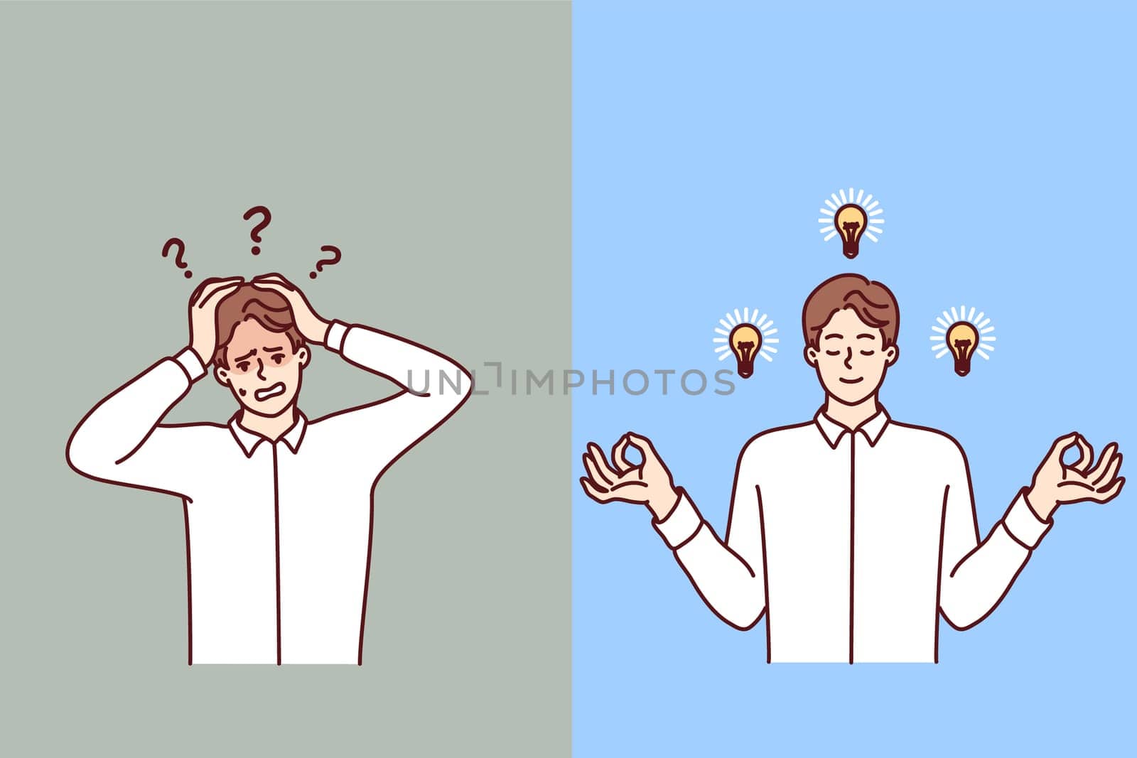 Discouraged man clutching head and meditating guy with light bulbs near face. Calm human with lot of ideas and frightened office worker who doesnt know what to do. Flat vector illustration