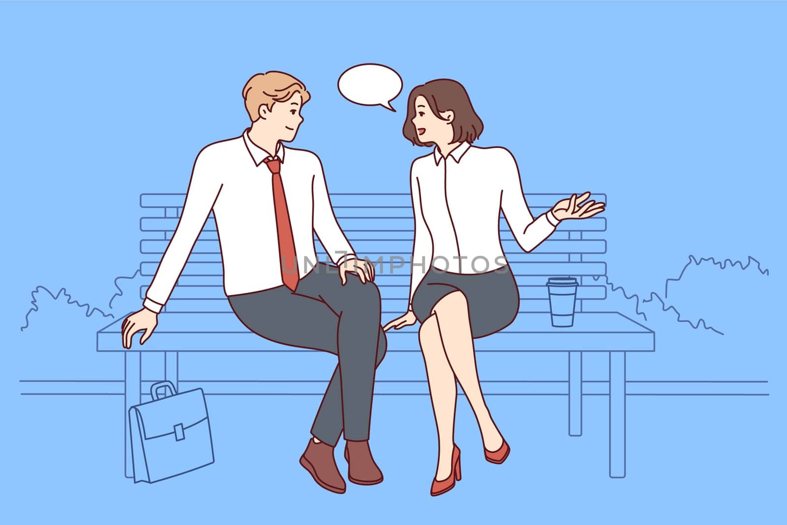 Carefree man and woman sitting on park bench and talking telling stories from work. Guy and girl in business clothes gossip during break and share career advancement tips. Flat vector image