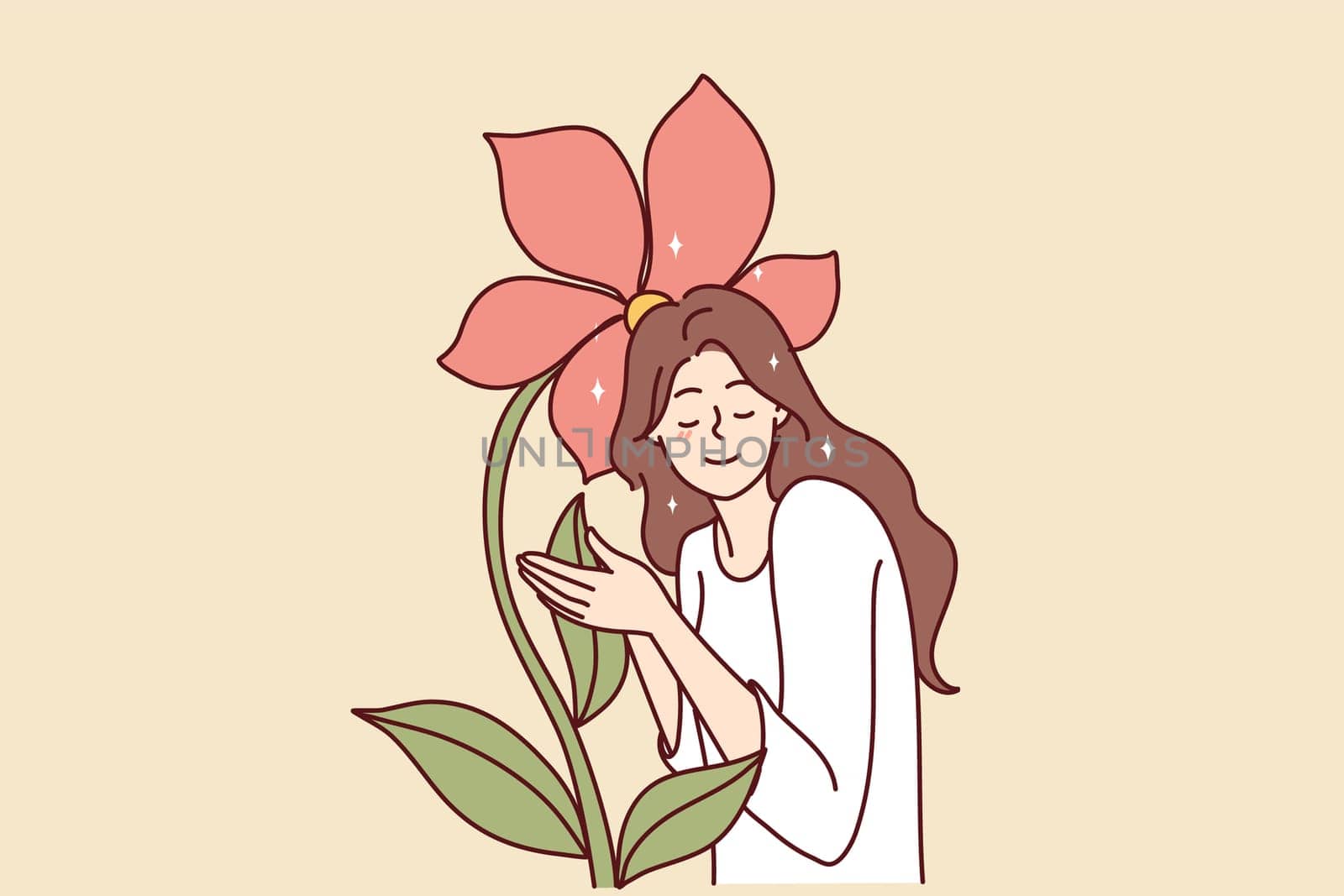 Attractive woman closing eyes touches giant flower enjoying natural beauty and pleasant smell. Girl near blossom symbolizes use of cosmetics without addition of chemistry. Flat vector illustration