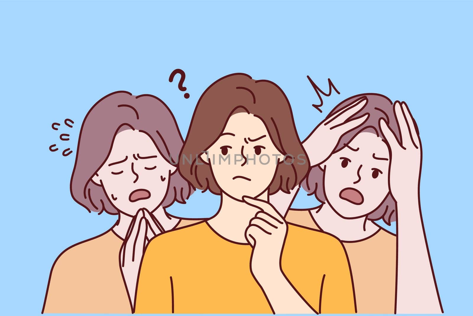 Young thoughtful woman near girls experiencing shock after psychological upheavals. Lady in casual t-shirt touches chin trying to hide fear and depression. Flat vector illustration