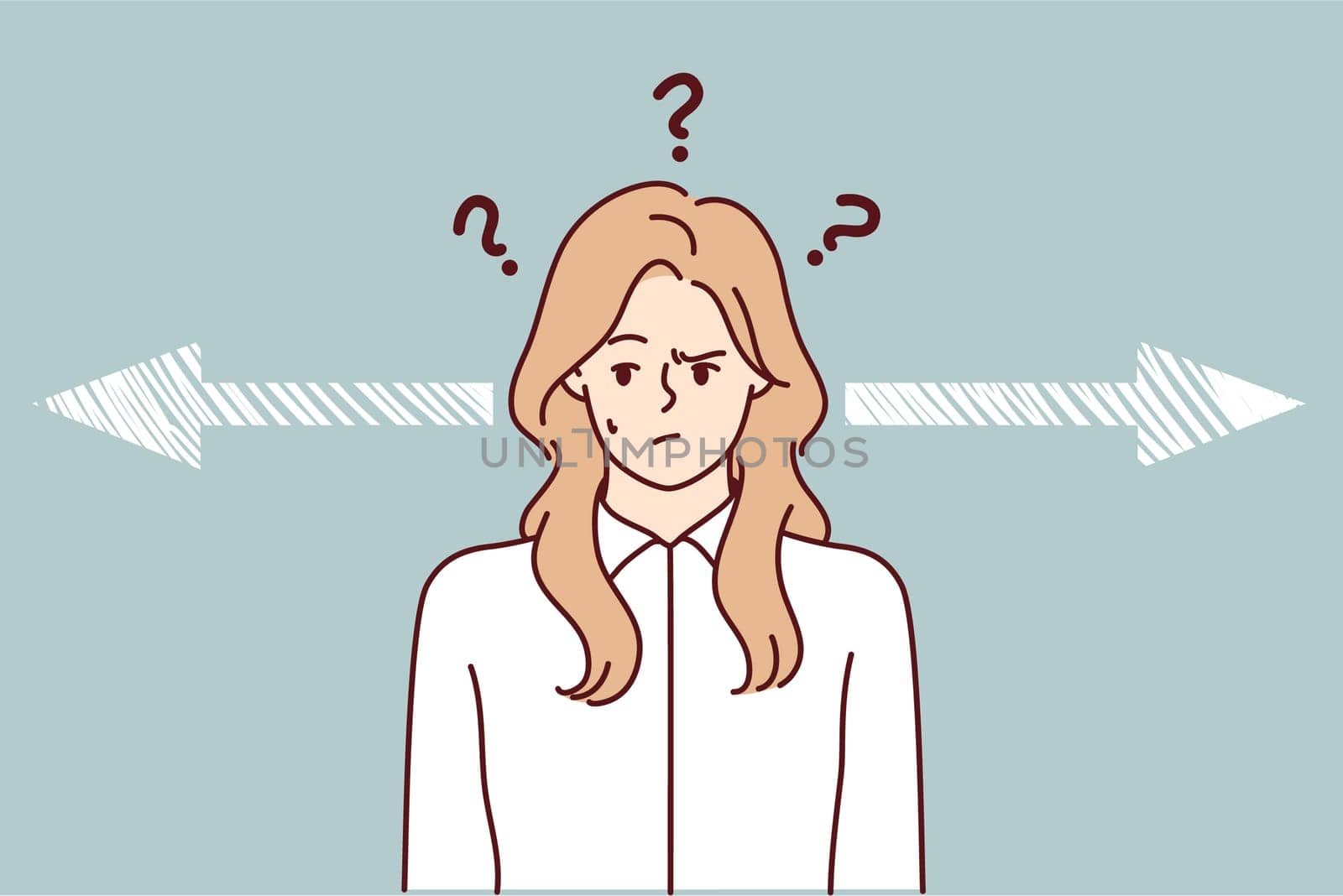 Discouraged woman near arrows pointing in different directions for hard decision concept. Blonde lady in white shirt makes important choice choosing strategy to attract customers. Flat vector image
