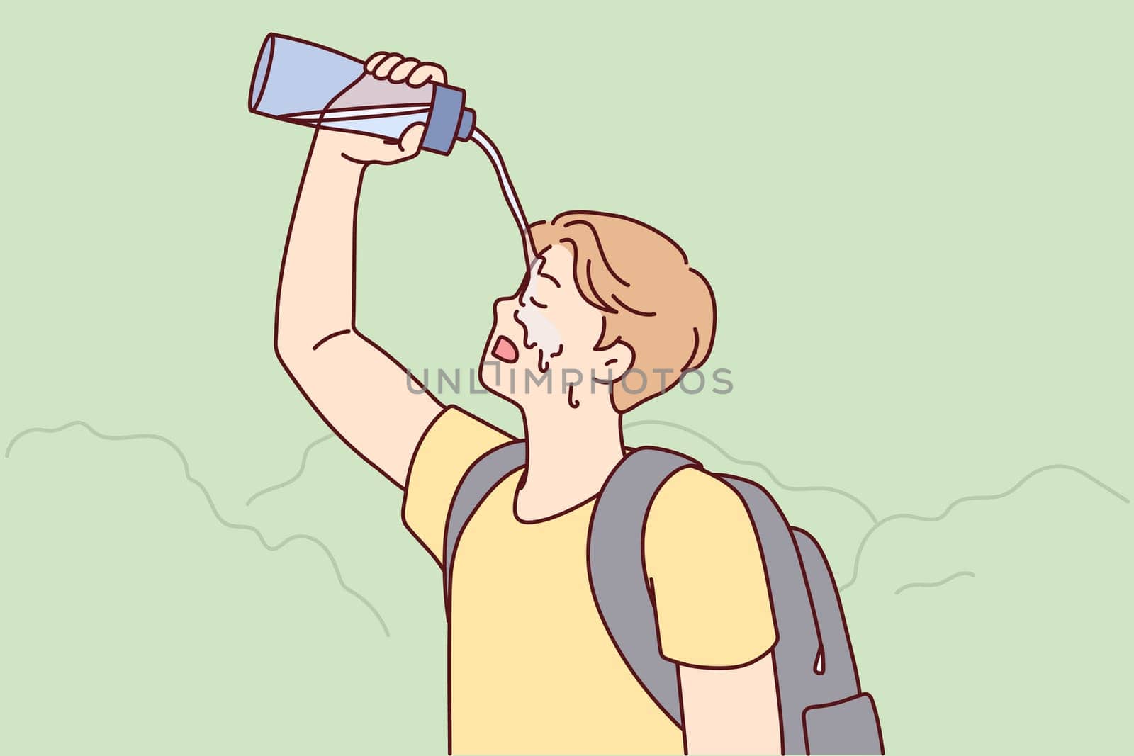 Tired man tourist pouring water on face during long walk in nature in hot weather. Traveler guy with backpack on back exhaustively washes head on go to avoid sunstroke. Flat vector design