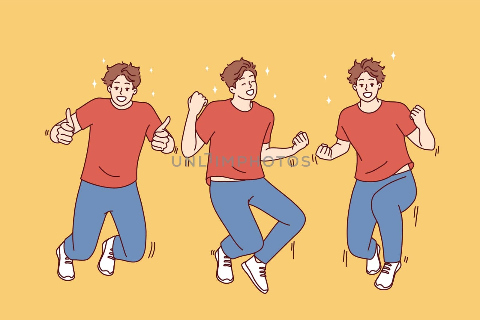 Jumping young man making winning gestures feeling joy and happiness from winning bet. Vector image
