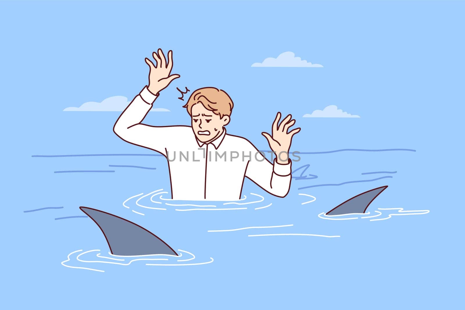 Frightened man in business shirt is in water with sharks and raises hands out of panic. Guy in office clothes with predatory fish symbolizes unfriendly environment in company team. Flat vector design
