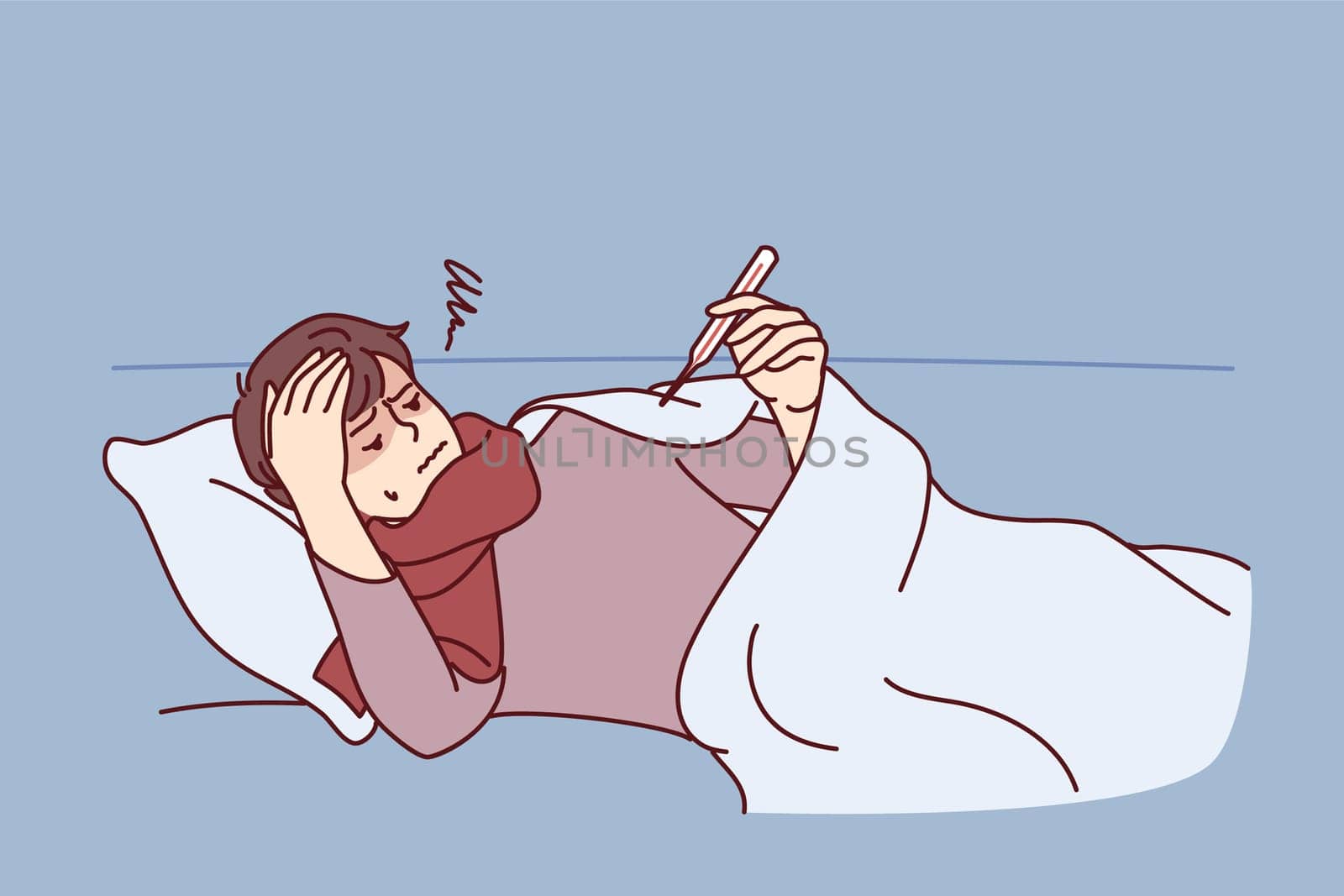 Sick guy lies on sofa or bed under blanket and looks at thermometer after walk in park in cold weather. Weakened man needs medicine for flu or viral epidemic that causes fever. Flat vector design