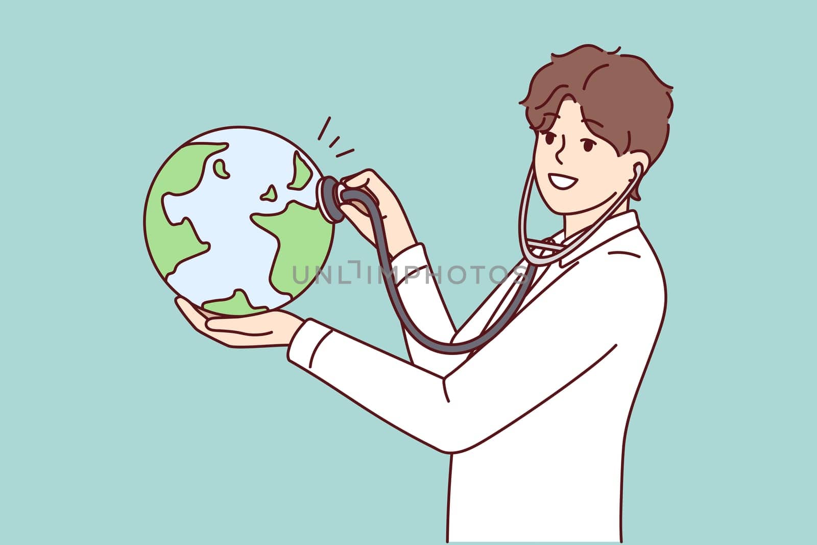 Man doctor applies stethoscope to globe demonstrating care for ecology and nature. Eco-activist guy in white coat wants to help reduce harmful emissions on planet. Flat vector illustration