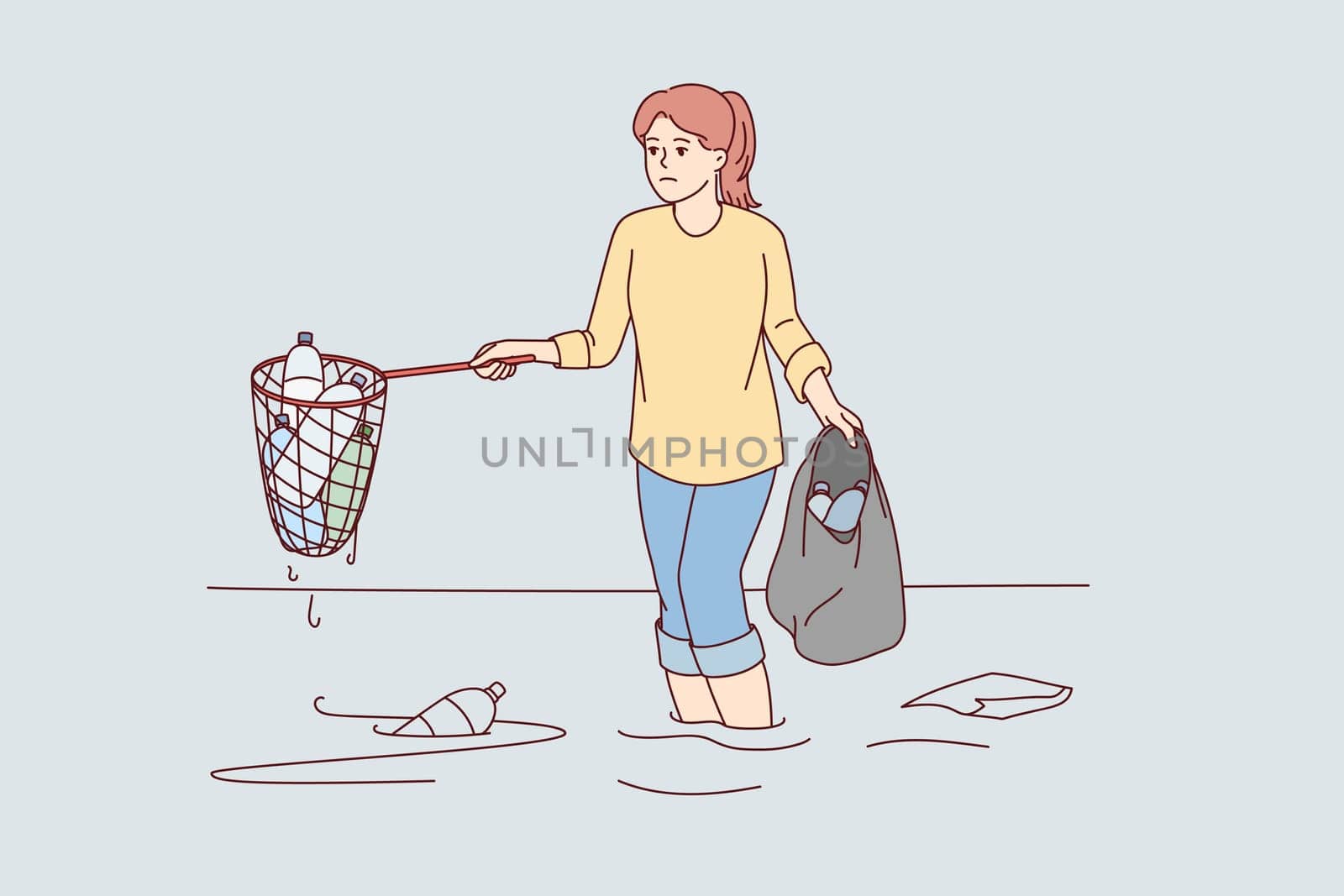 Sad woman cleans ocean of plastic garbage by pulling out bottles using scoop-net. Girl eco activist and volunteer to take care of nature puts garbage thrown into sea into bag. Flat vector design