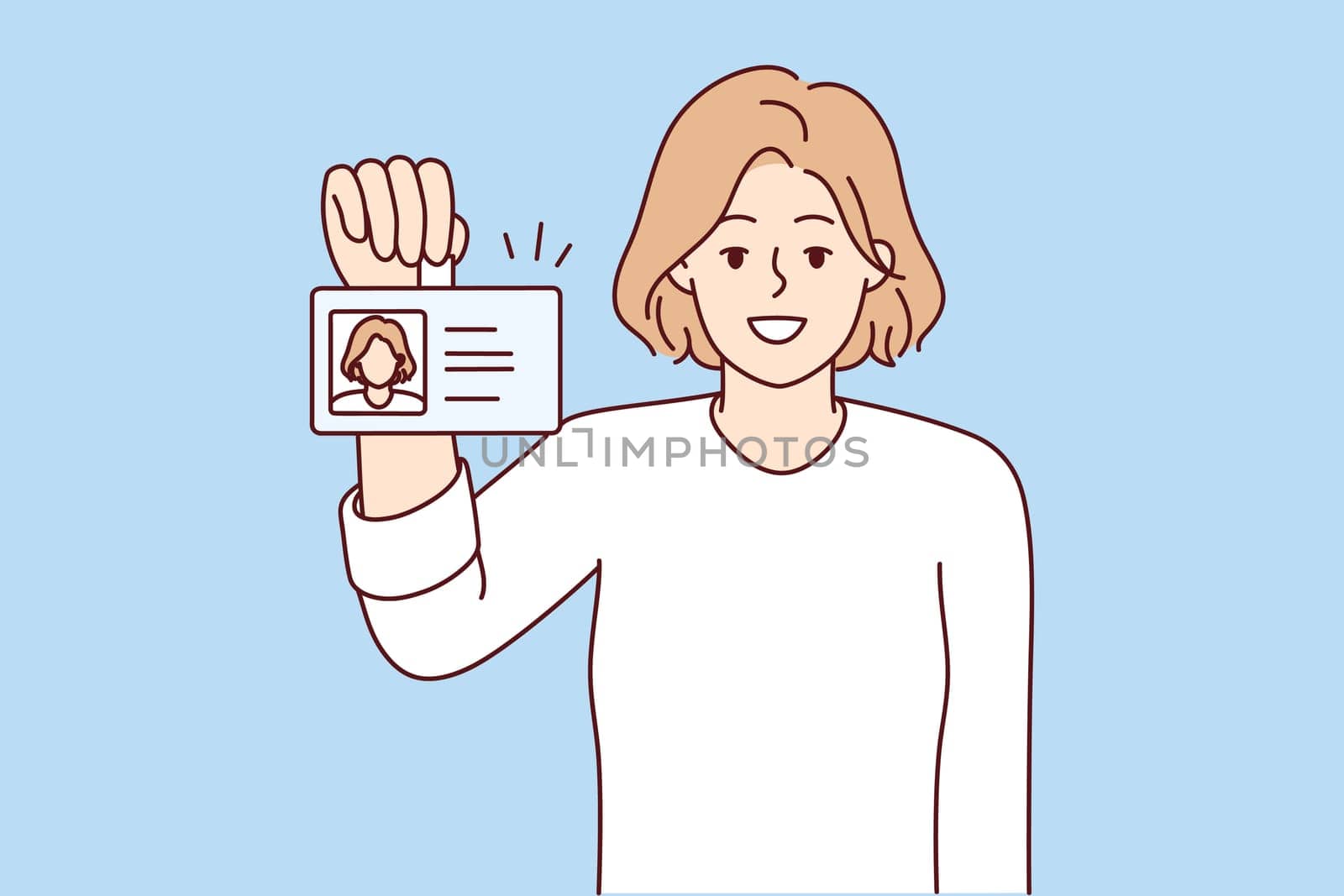 Positive woman shows badge with photo of personal data issued for use in office of corporation. Casual girl with smile and pride demonstrates document to employee company. Flat vector illustration