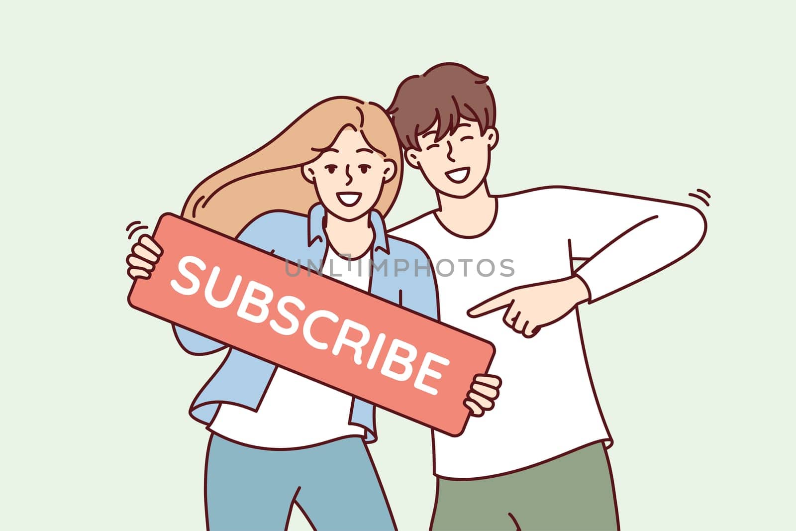 Beautiful couple of man and woman smile show subscribe