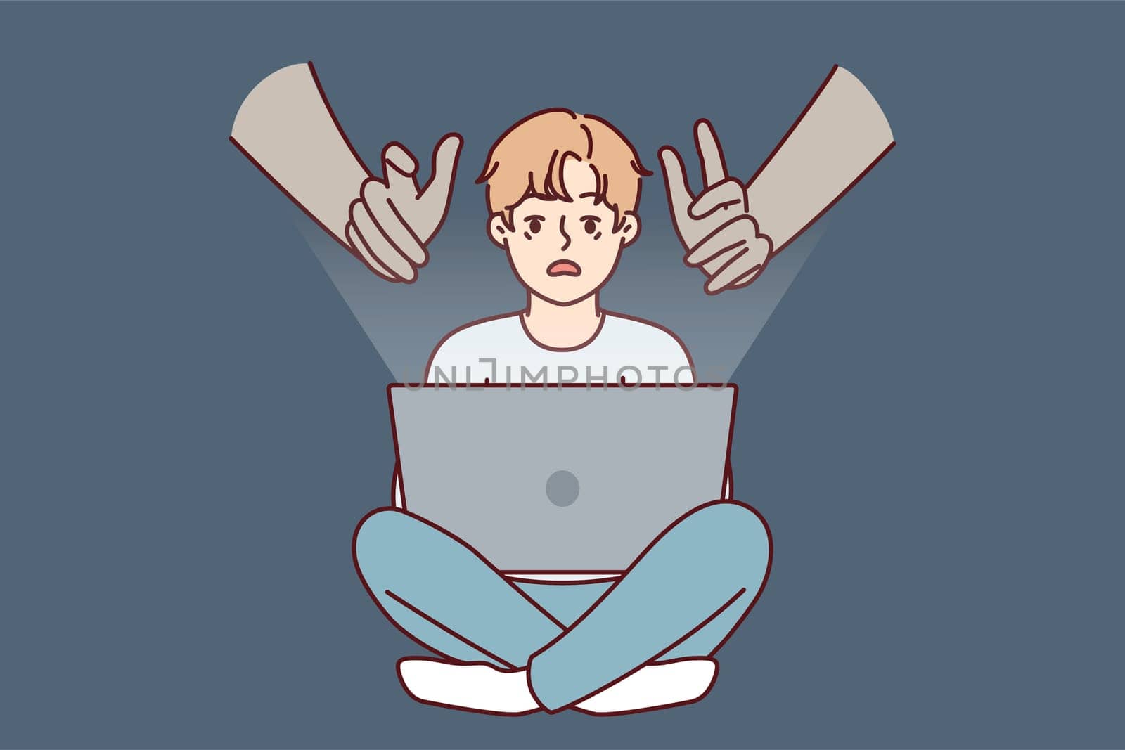 Giant hands reaching out to teenage boy using laptop with internet without parental control. concept of danger of using gadgets by children due to possibility of identity theft