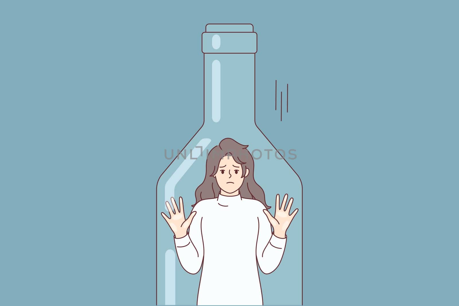 Depressed woman standing inside transparent bottle cant get out due to alcohol abuse. Young girl is trapped in need of treatment and rehab from strong drinks addiction. Flat vector illustration