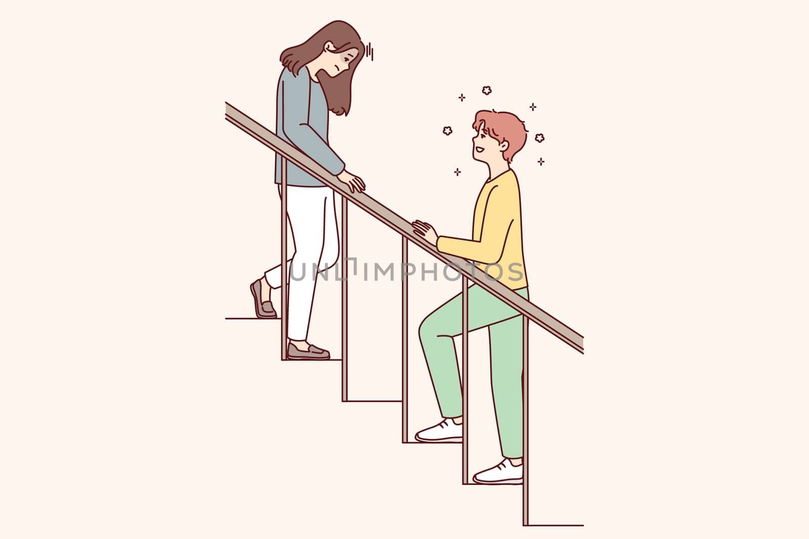 Woman with head down goes down stairs and positive man is waiting for beloved girlfriend downstairs. Teenager in love wants to meet girl whom he met when he climbed stairs