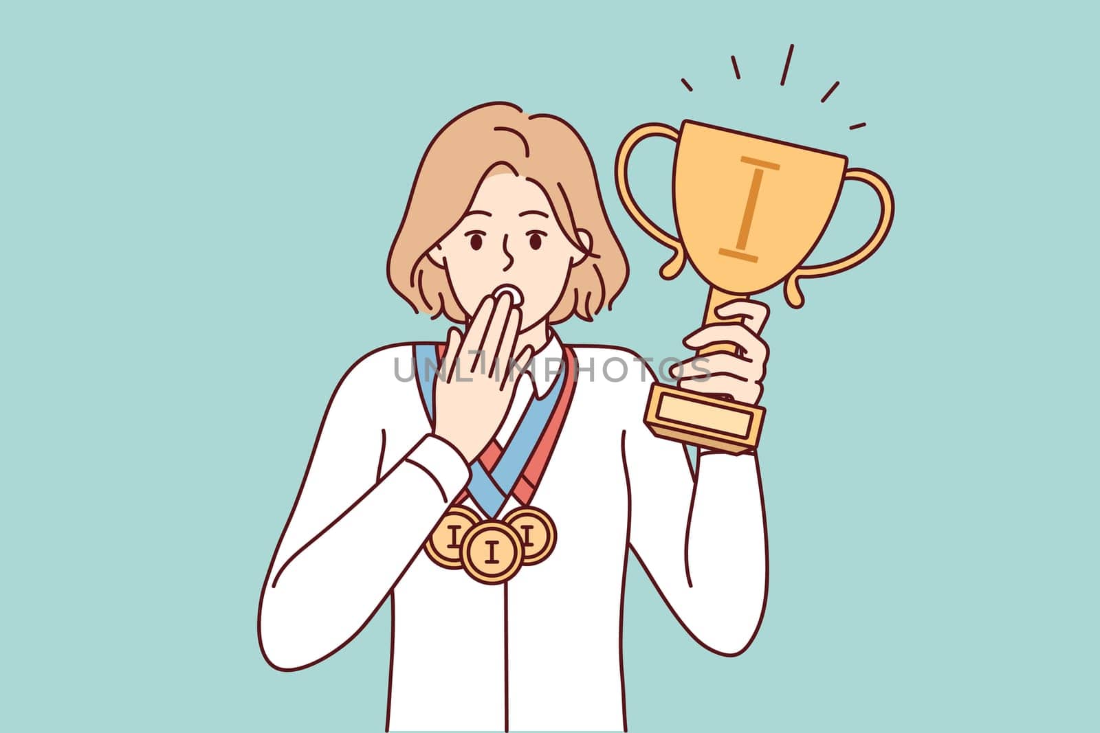 Puzzled woman with cup and medals of winner of sports olympiad covers mouth with hand. Discouraged girl surprised by annulment of competition results due to doping scandal. Flat vector illustration