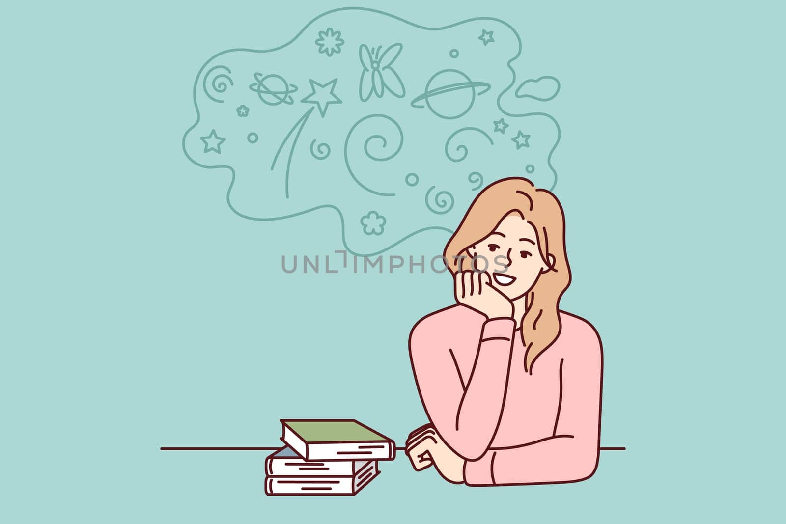 Carefree woman sitting at table with books resting chin on hand is distracted from preparing for exams. Student girl procrastinates and dreams during extracurricular work. Flat vector design