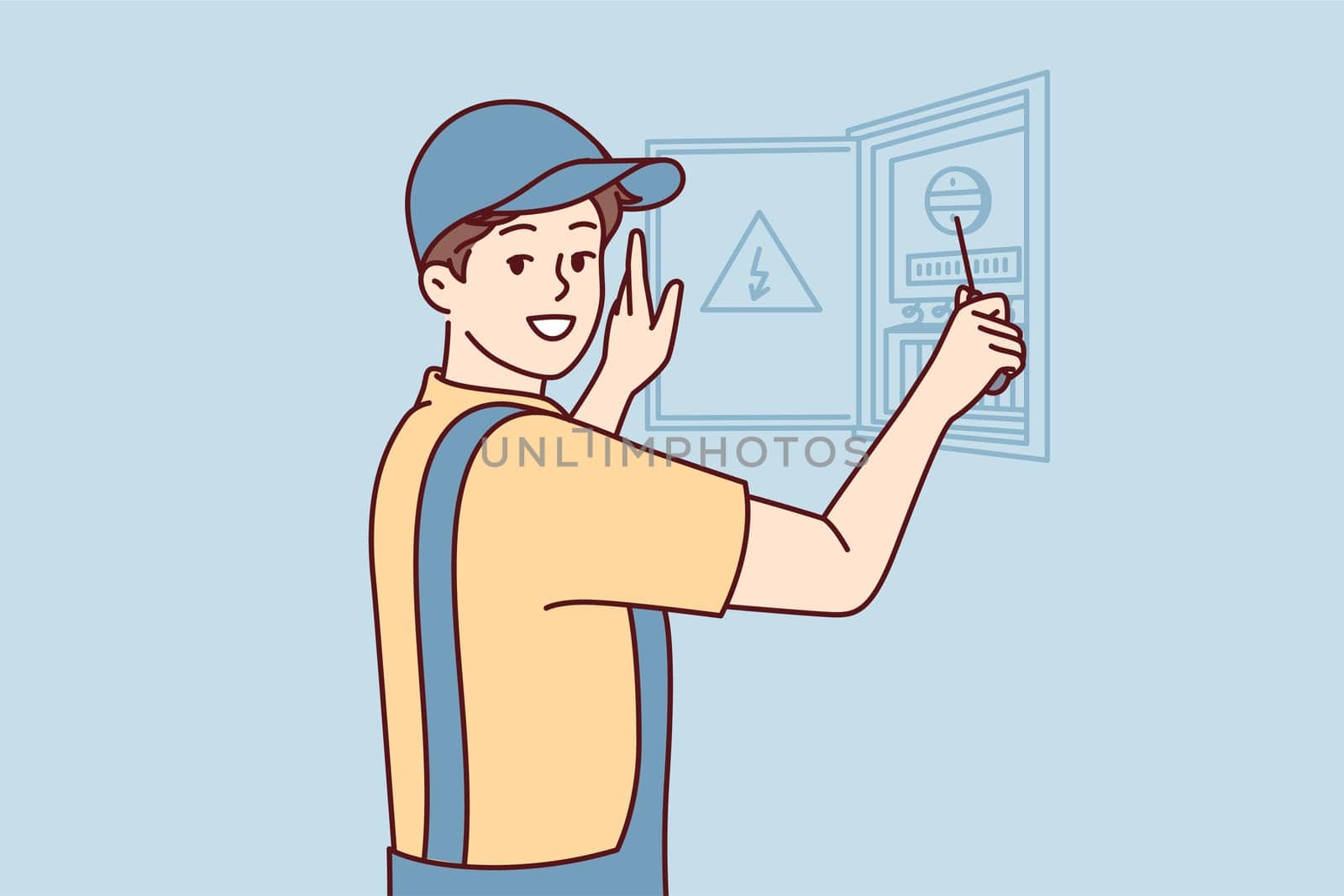 Man electrician is engaged in repair electrical appliances by opening electrical panel. Guy repairman in cap and in overalls carries out installation wiring after major overhaul. Flat vector design