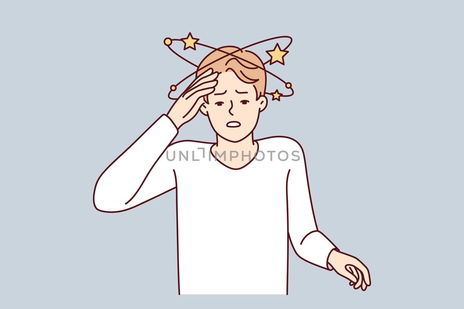 Suffering man experiencing pain in head after severe injury puts hand on forehead. Guy suffers from dizziness or needs to take drugs against intracranial pressure. Flat vector illustration