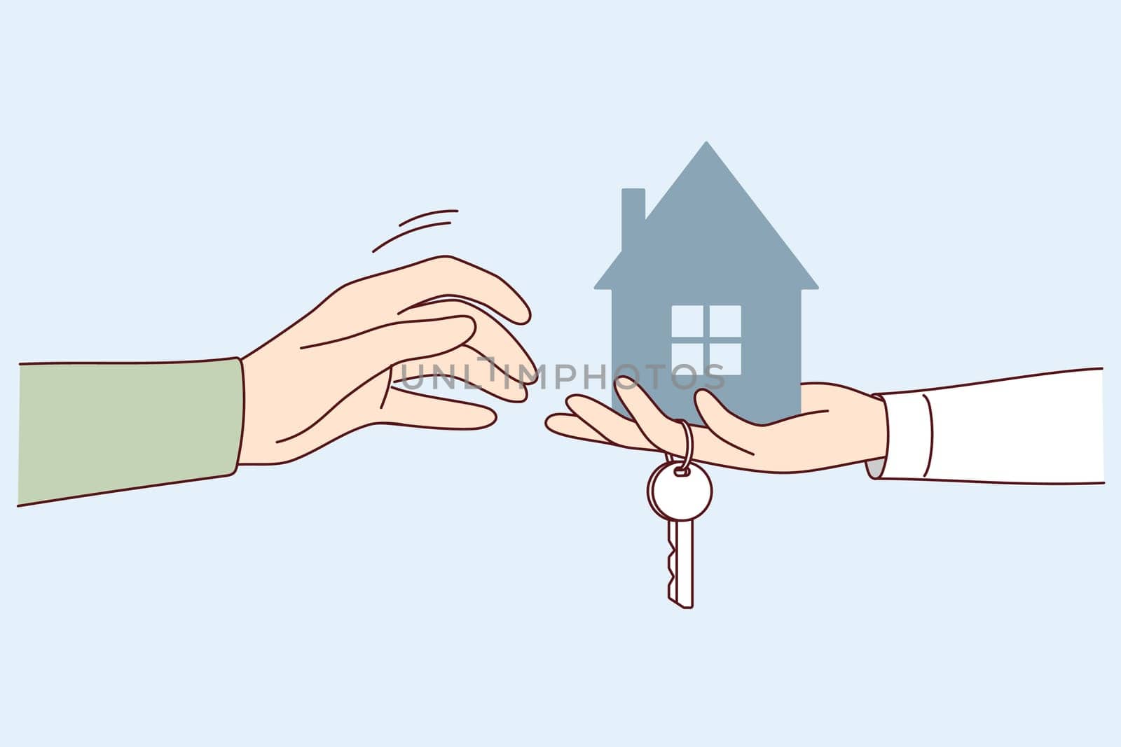 Hand of realtor with key to new apartment stretches model of house to buyer. Concept renting out building or buying your own real estate for investment and capital preservation. Flat vector design