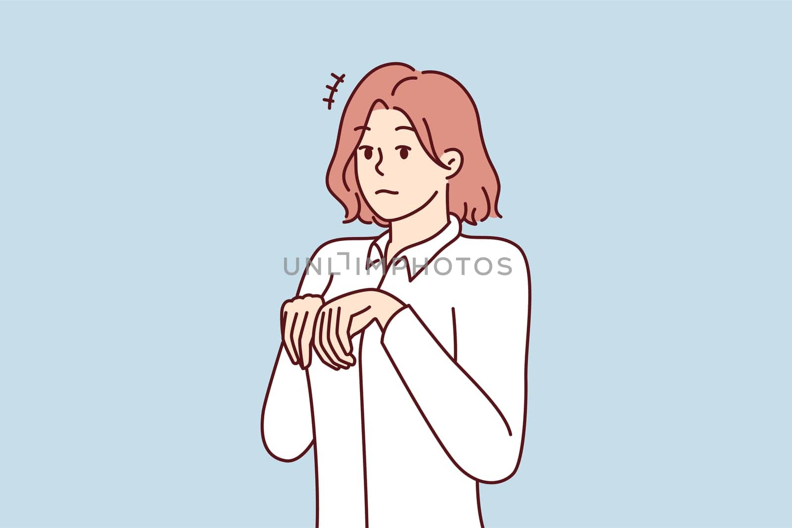Young girl stands like puppy or bunny, bending palms near chest in pose symbolizing obedience and humility. Attractive woman in white shirt looks at screen in embarrassment