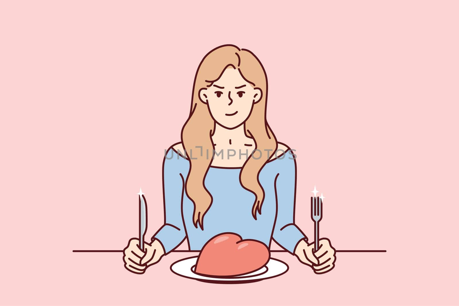 Frowning woman sits at table with giant heart in plate and holds fork with knife. Girl for concept toxic relationship and enmity towards husband after disappointment in marriage. Flat vector design
