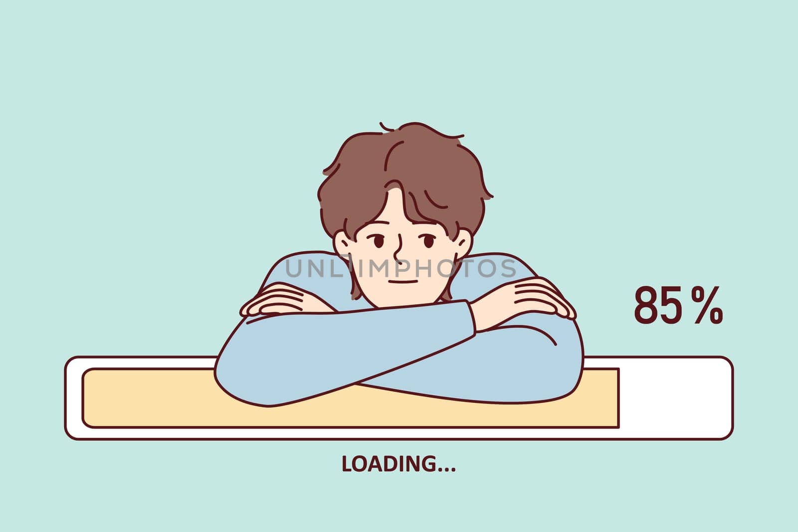 Bored man leaning on progress line loading waiting to download movie from internet. Guy put head in hands and patiently waits for completion of installation of game or software. Flat vector design