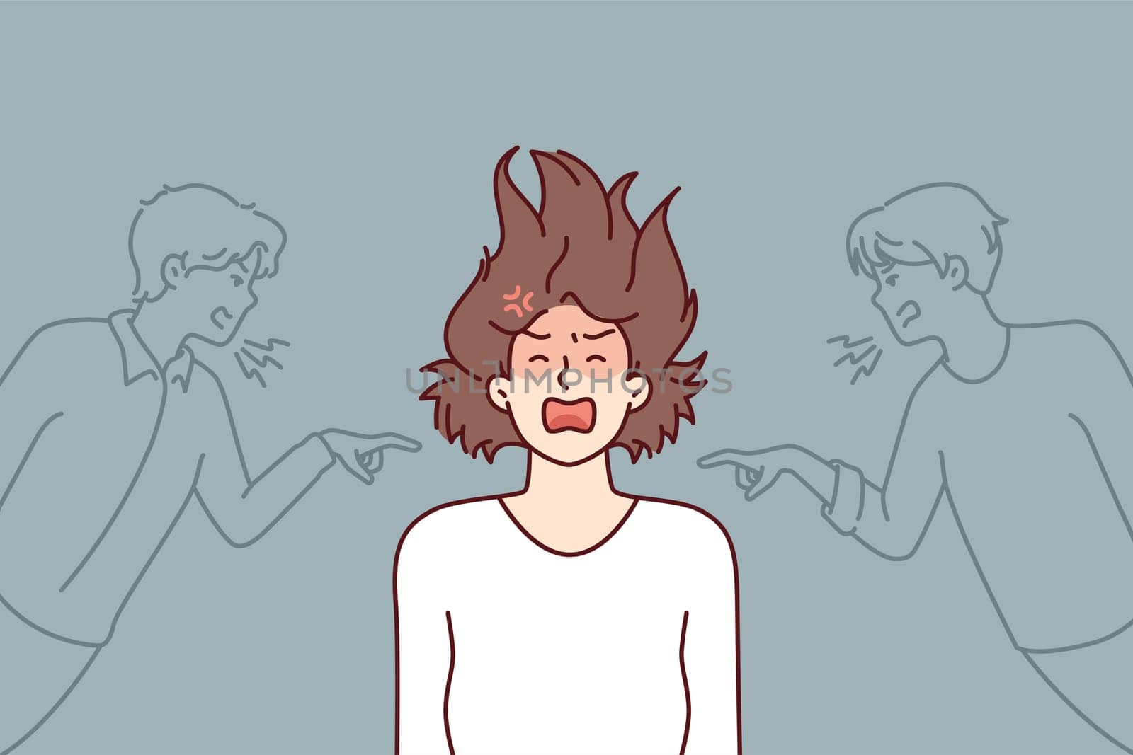 Depressed girl having panic attack and screaming after insulting two guys. Woman experiencing psychological problems after being criticized or insulted based on gender. Flat vector illustration