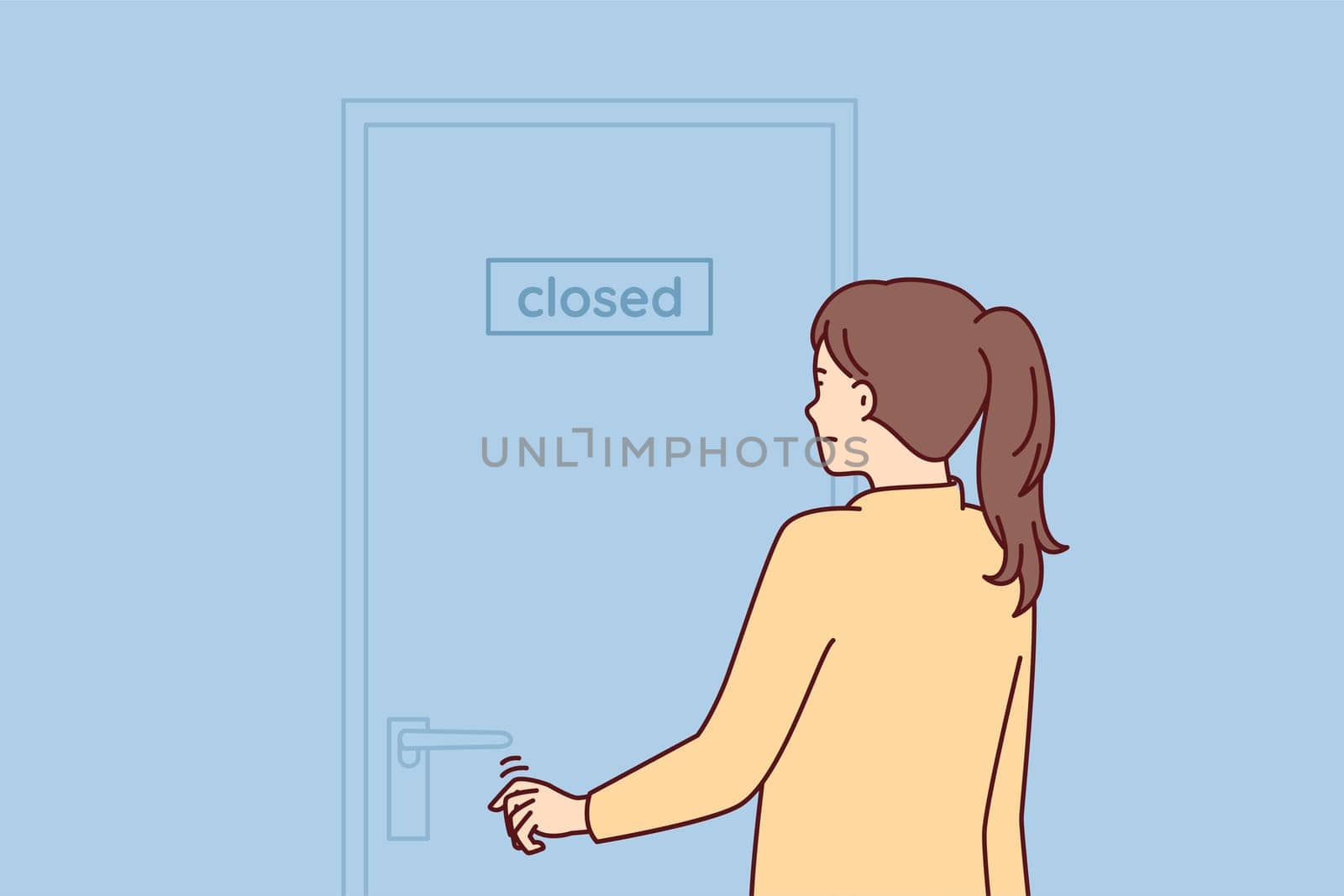 Indecisive woman pulls hand to door with inscription closed stands with back to screen. Girl is discouraged and does not know what to do after store is closed due to bankruptcy