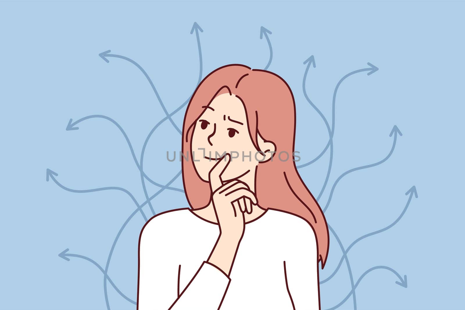 Smart woman touches lips standing near arrows pointing in different directions. Long-haired girl is thinking over ways to achieve goals in personal life or career. Flat vector illustration