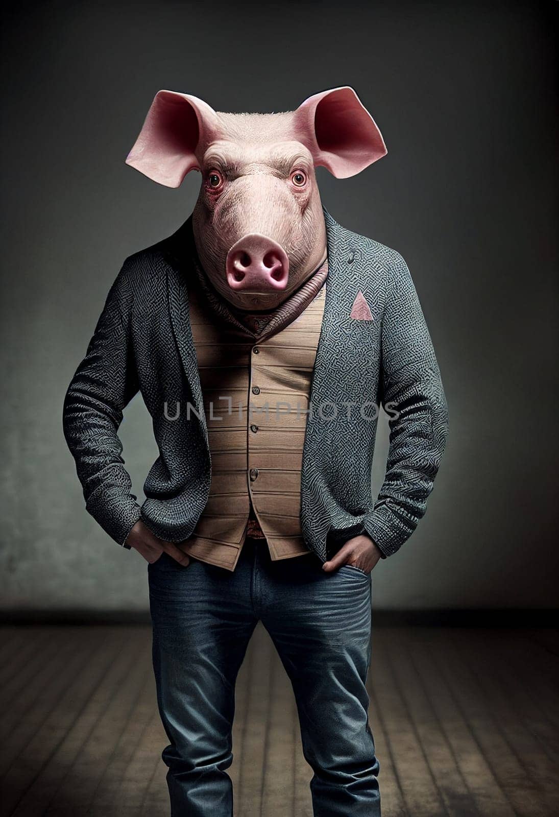 Pig with a human body wearing business suit, surreal Chimera Hybrid creature, illustration, generative AI