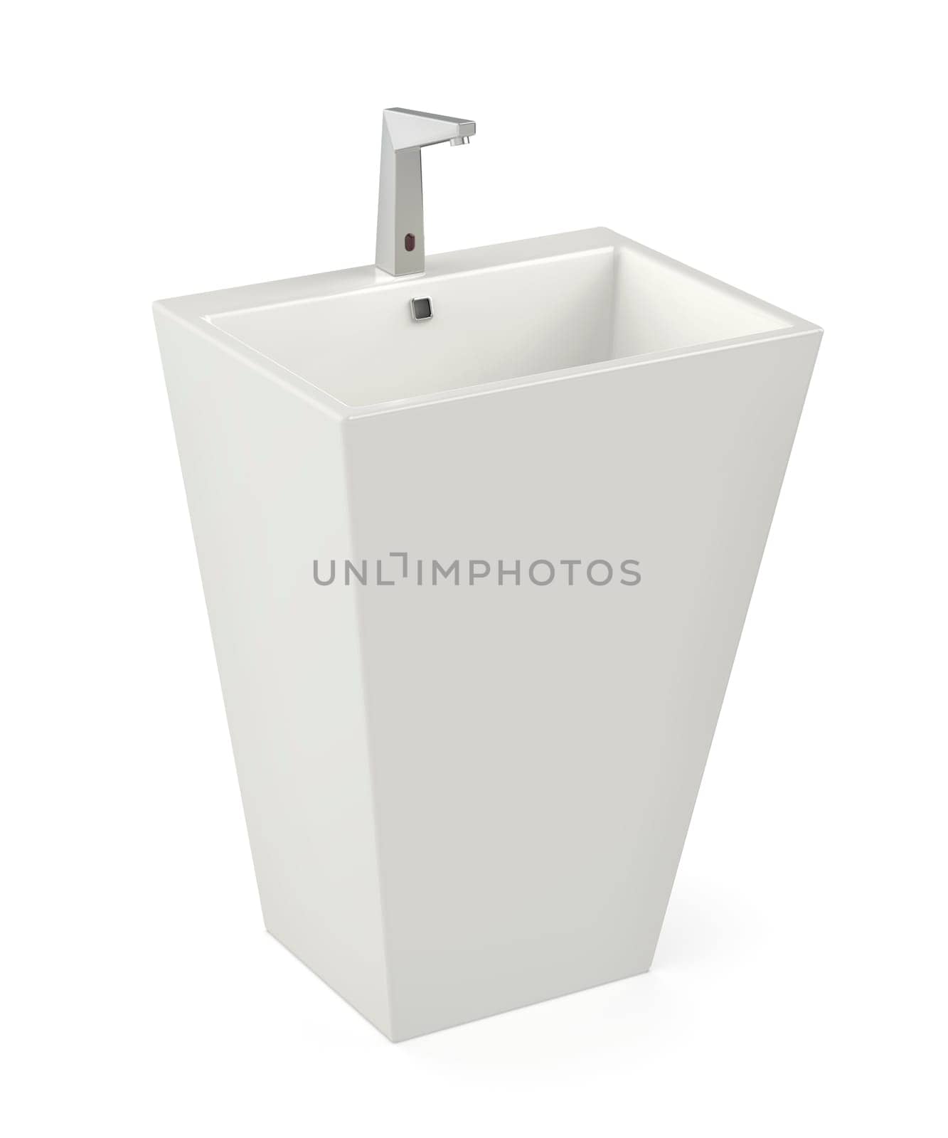 Ceramic pedestal wash basin with sensor faucet on white background