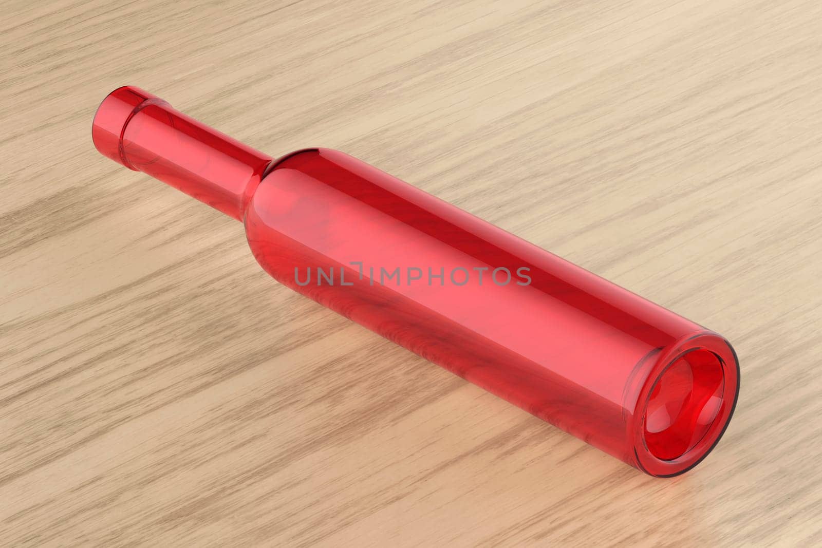 Red empty glass bottle on wooden table