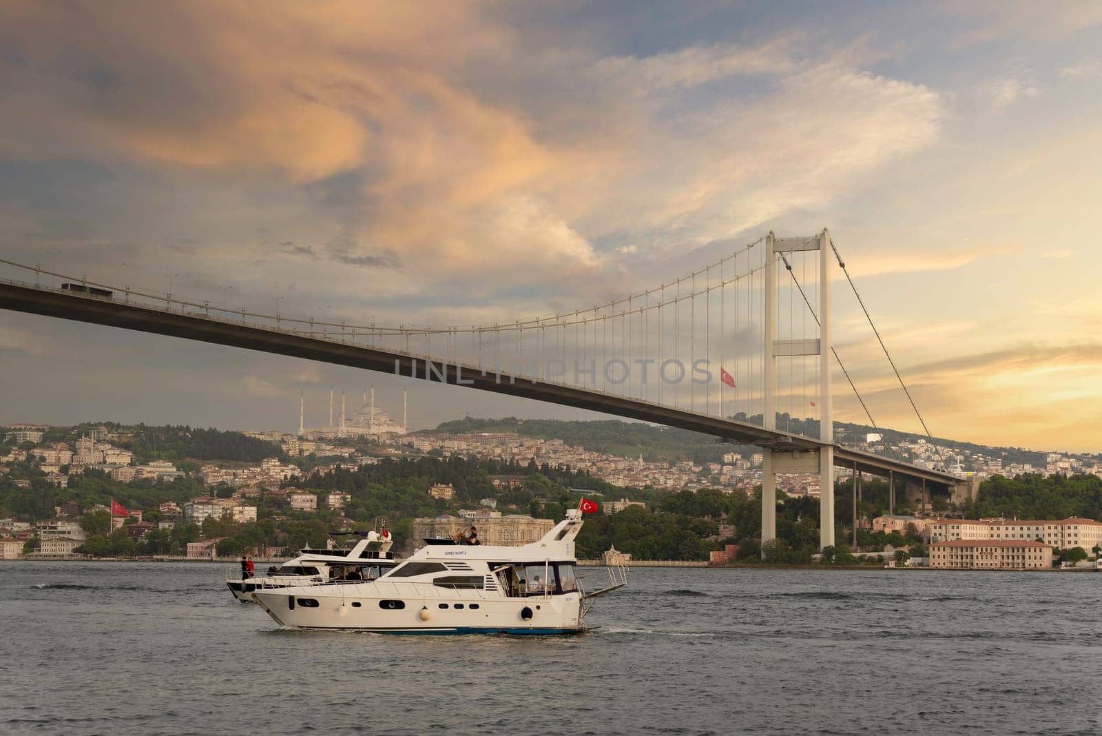 Istanbul, Turkey - August 31, 2022: Sunset of Bosphorus strait, with Bosphorus Bridge, or Bogazici Koprusu, connecting Europe and Asia, from Ortakoy district