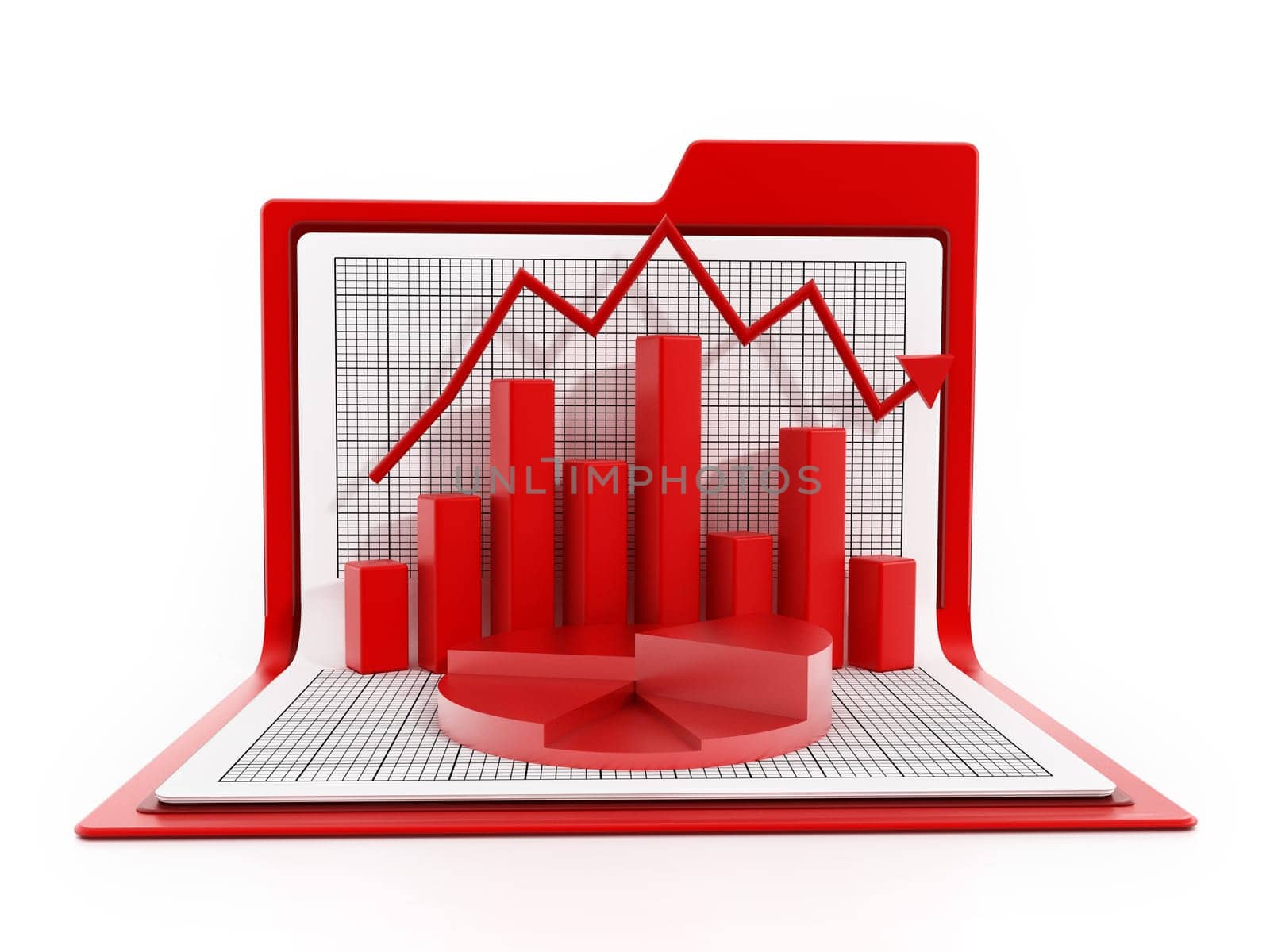 Business charts and diagrams inside red folder. 3D illustration.