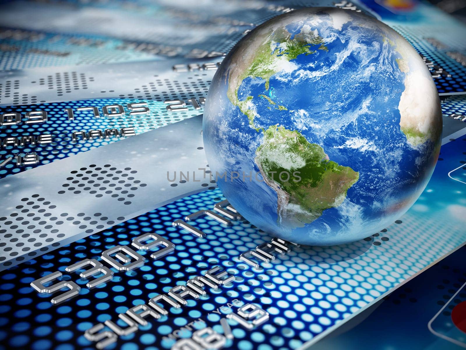 Earth standing on generic credit card. 3D illustration.