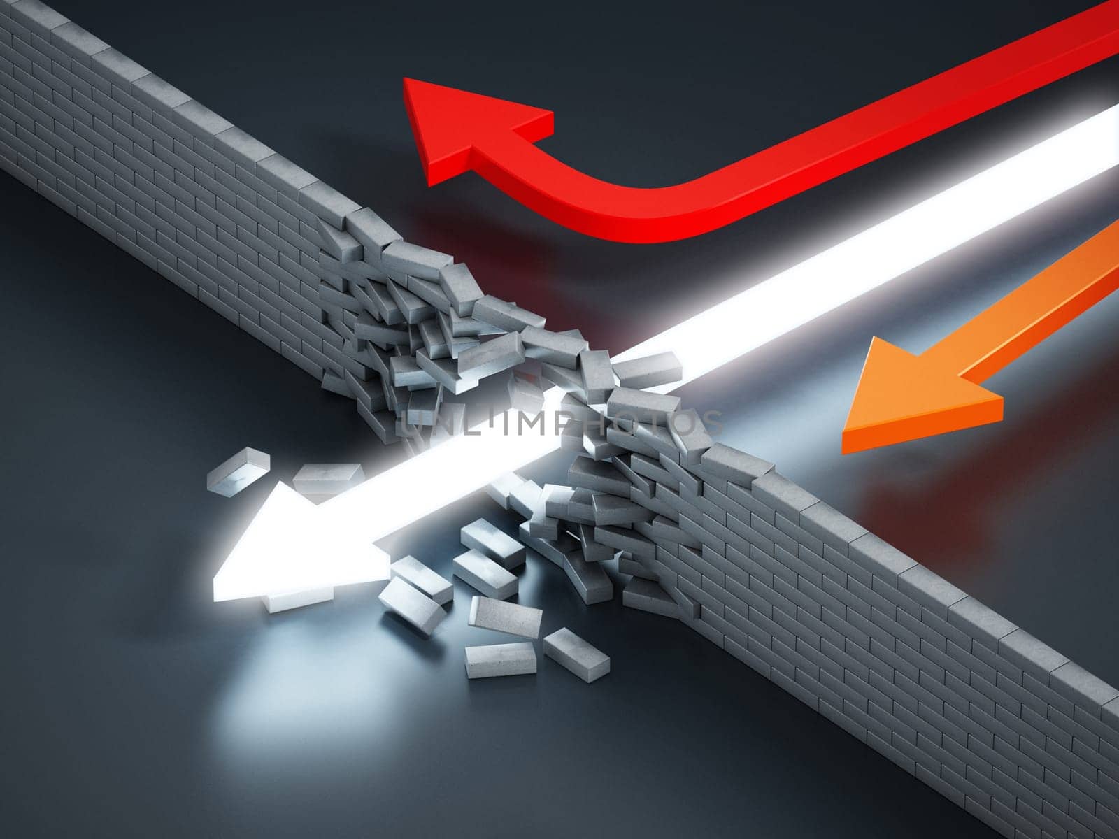 White arrow breaking the wall and passing to the other side. 3D illustration.