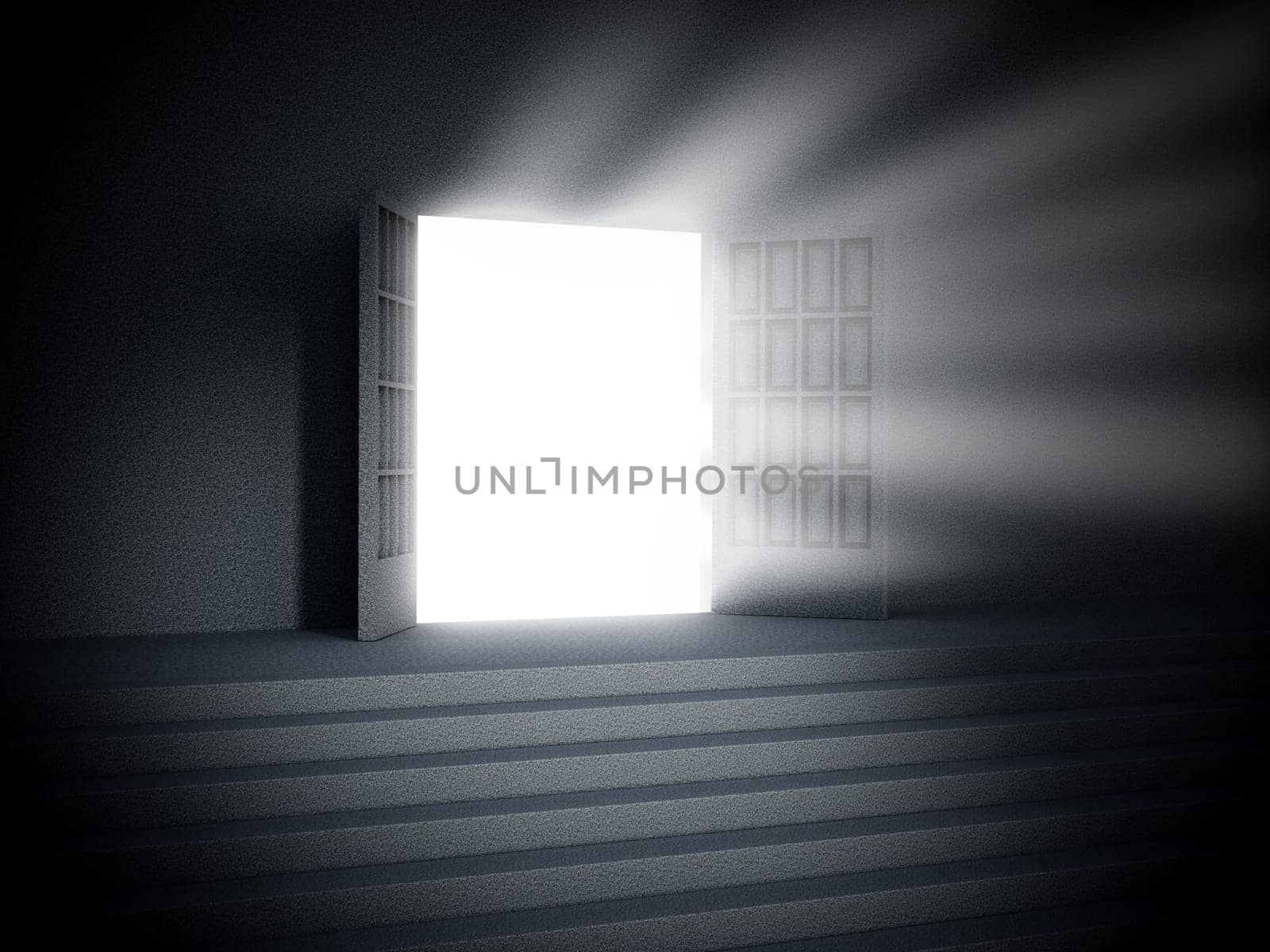 Light glowing from the open door at the dark. 3D illustration.