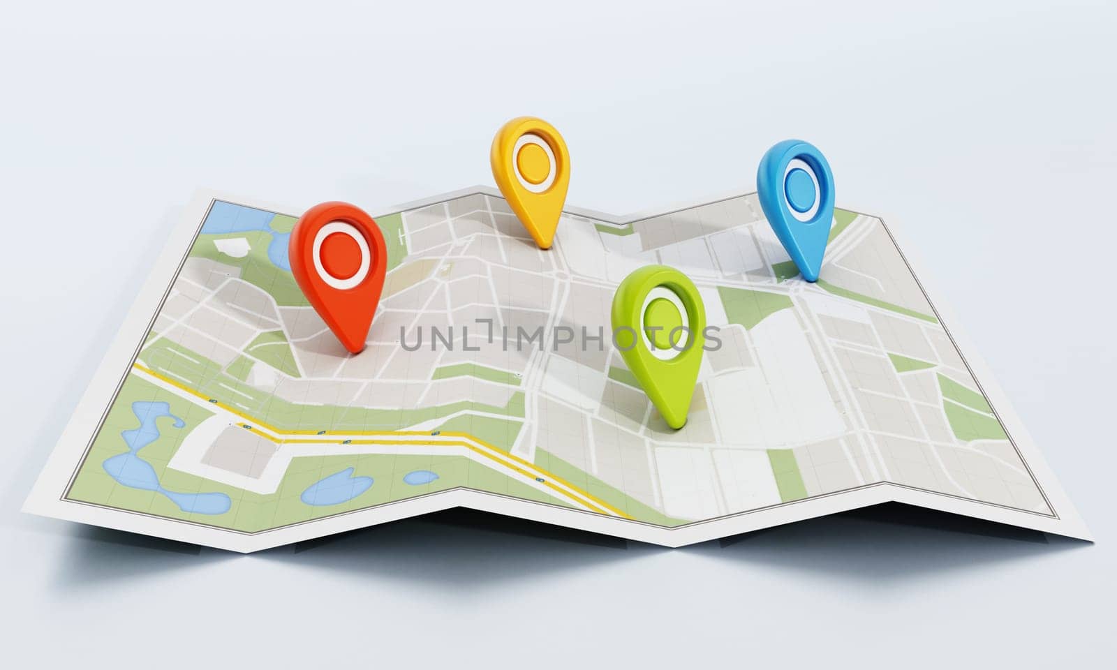 Multi-colored markers on navigation map. 3D illustration.
