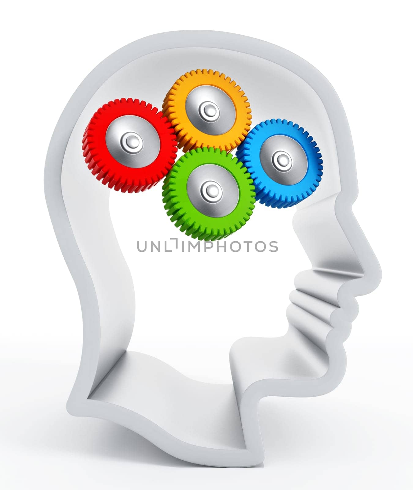 Multi-colored gears inside human head silhouette. 3D illustration.