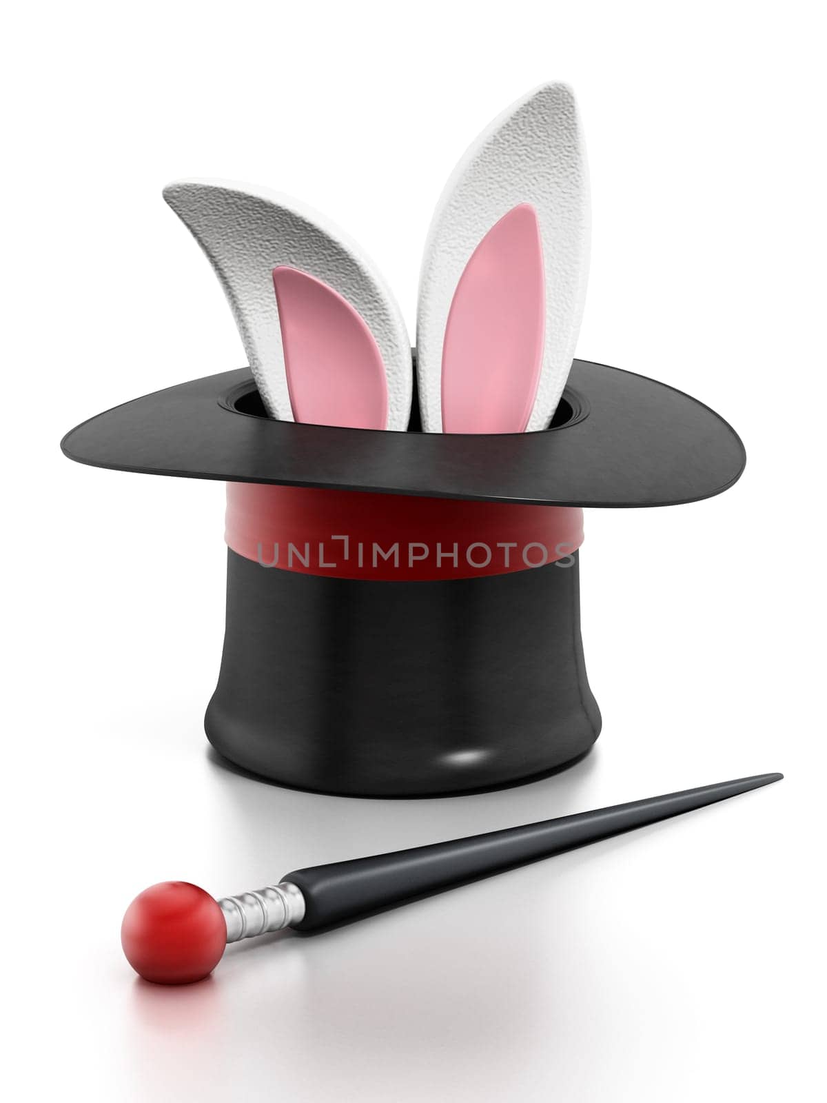 Magician hat and wand isolated on white background. 3D illustration.