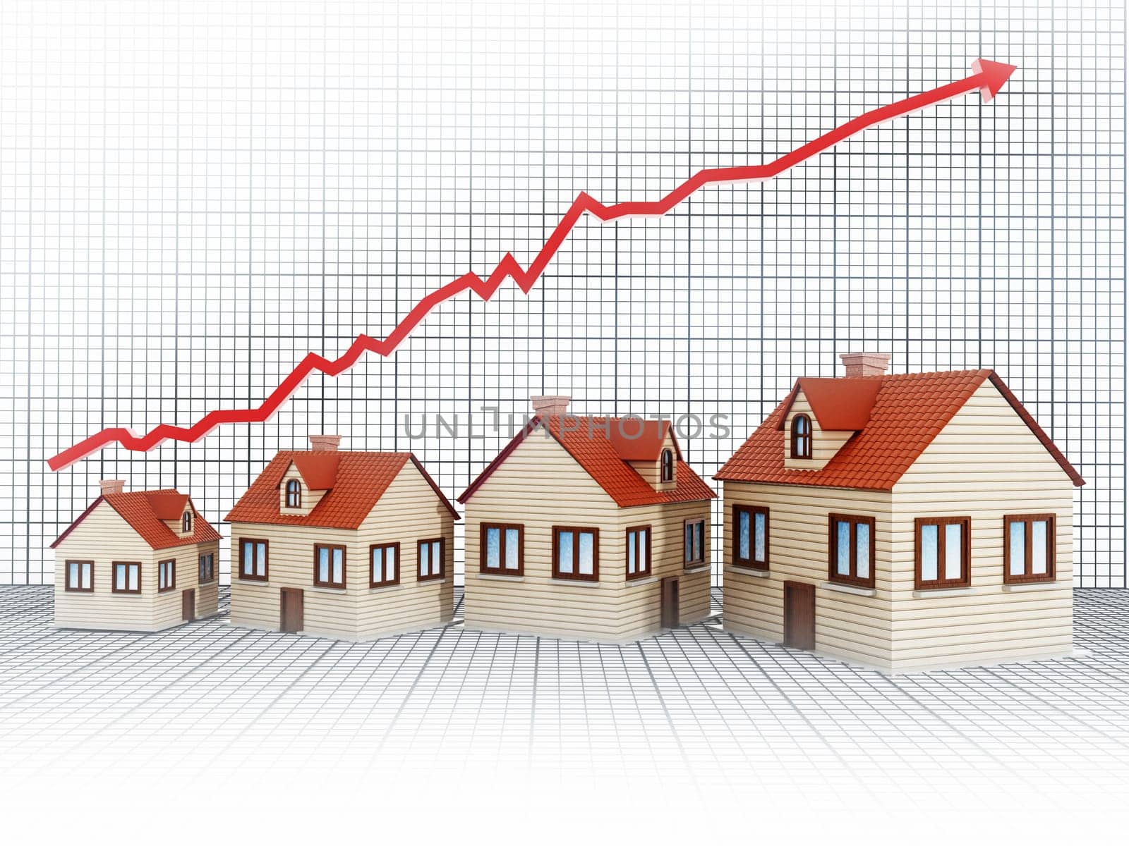 Rising house sales concept with arrow. 3D illustration.